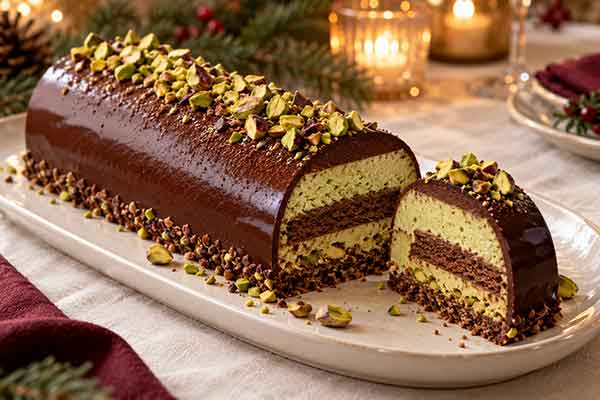  bûche au chocolat et à la pistache