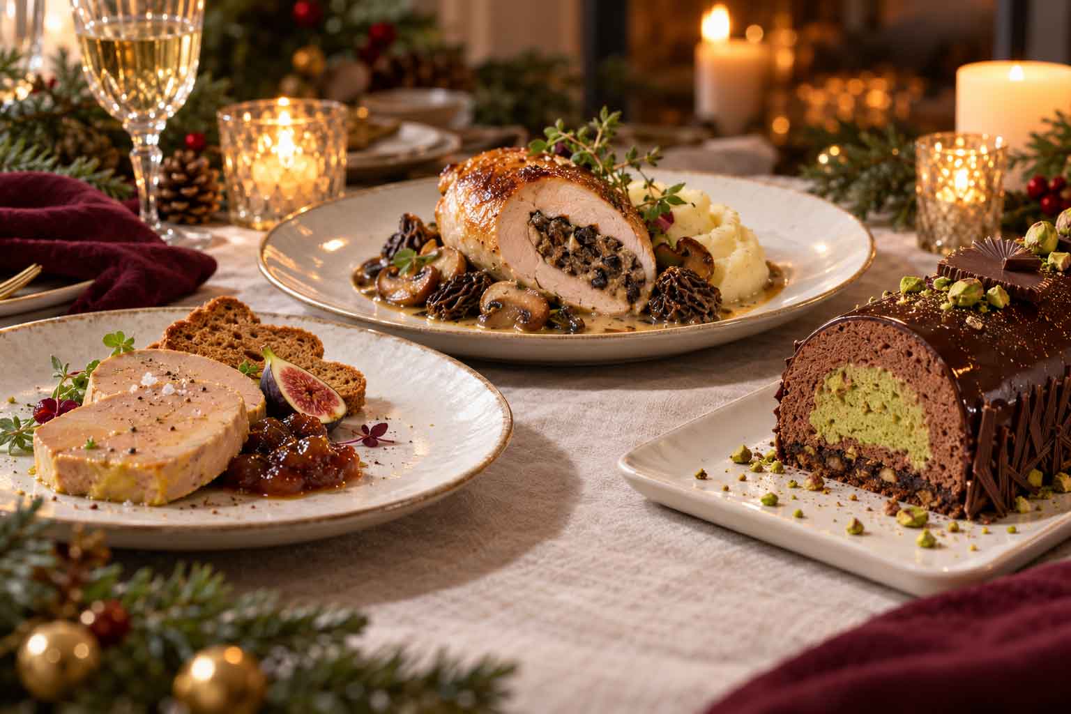 Table de fête avec foie gras, volaille et bûche chocolat-pistache, offre de Noël